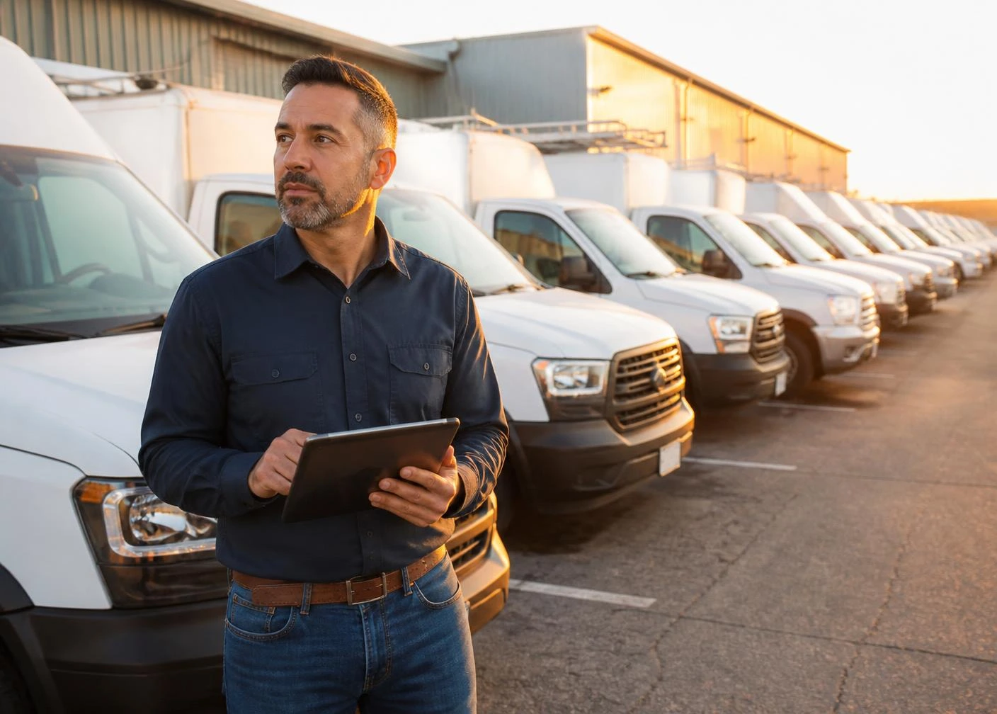 Fleet manager with a tablet beside a line of white commercial work vans