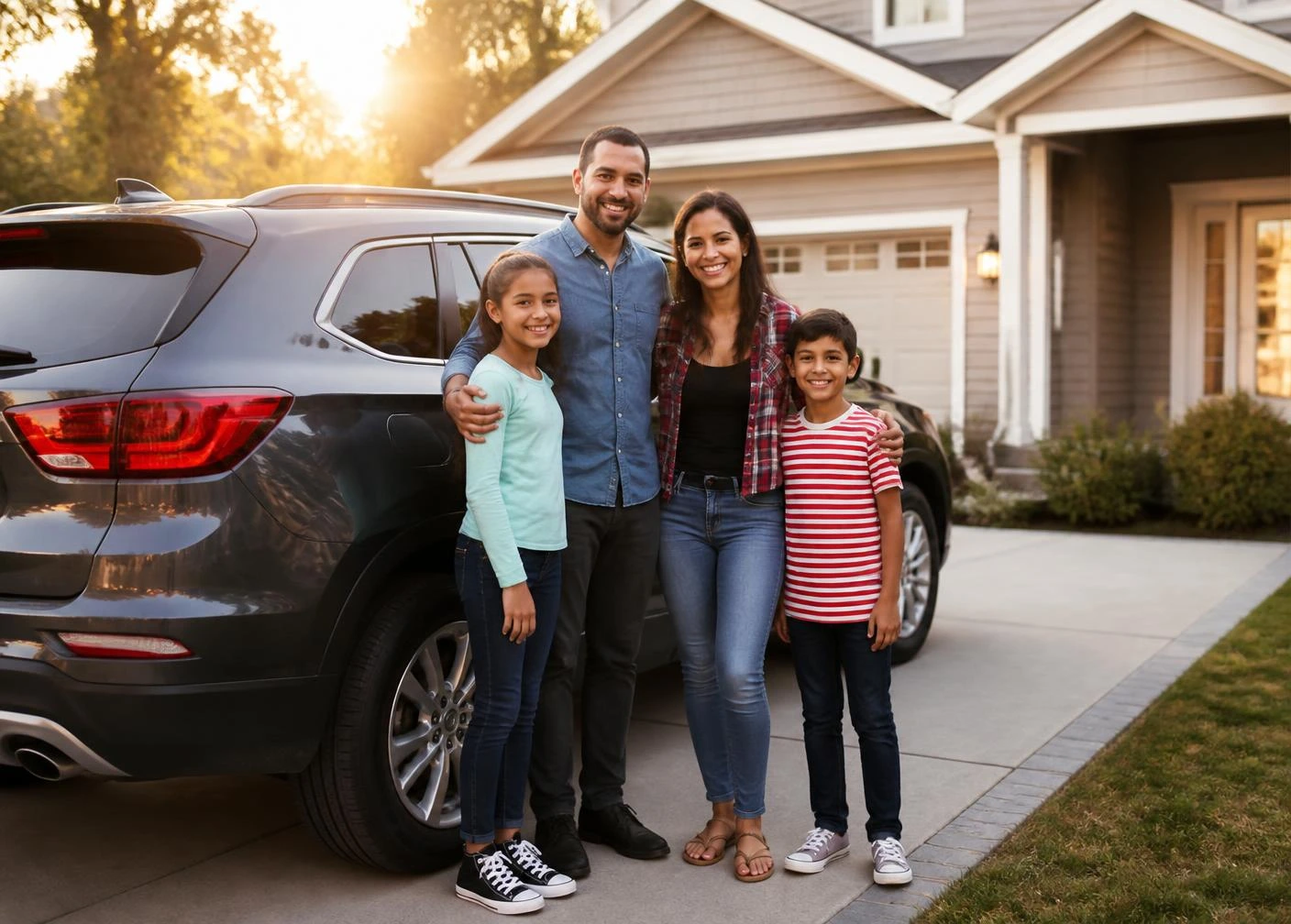 Family standing beside their SUV in a suburban driveway at sunset