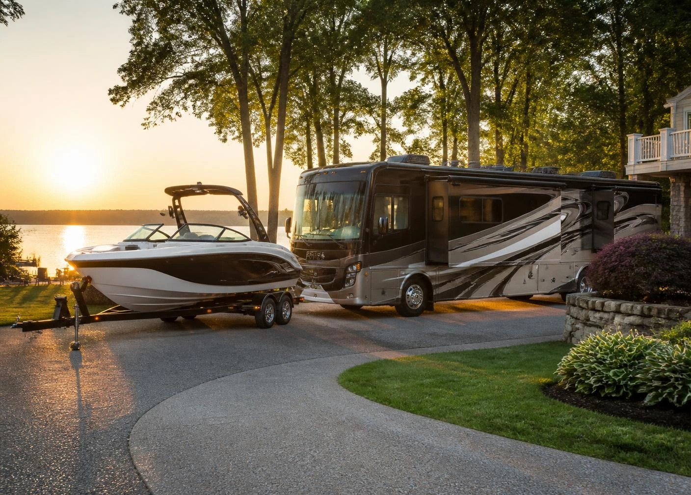 Boat on a trailer and an RV parked at a lakeside home at sunrise