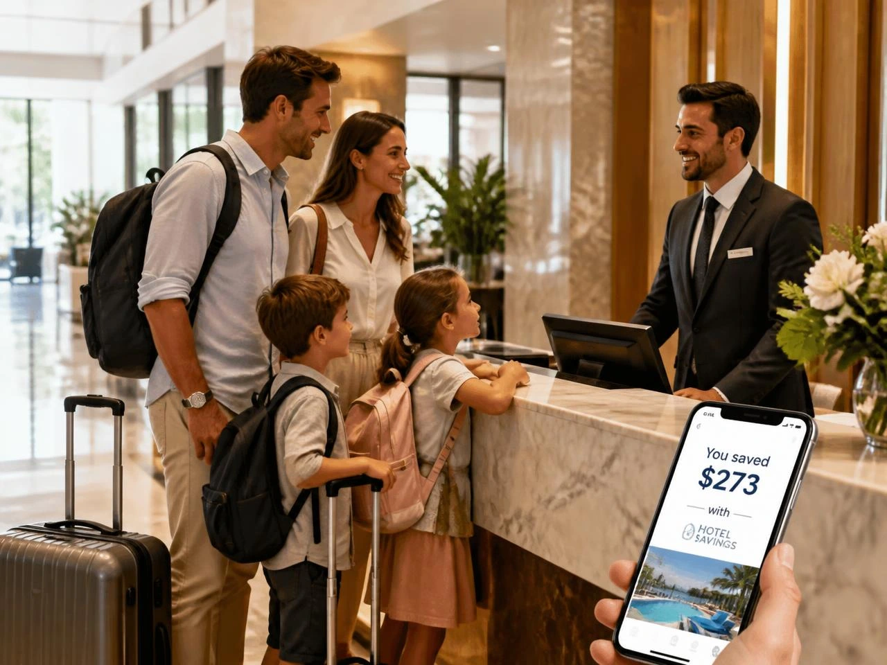 Family checking in at a luxury hotel using their free GPS BOSS hotel savings card