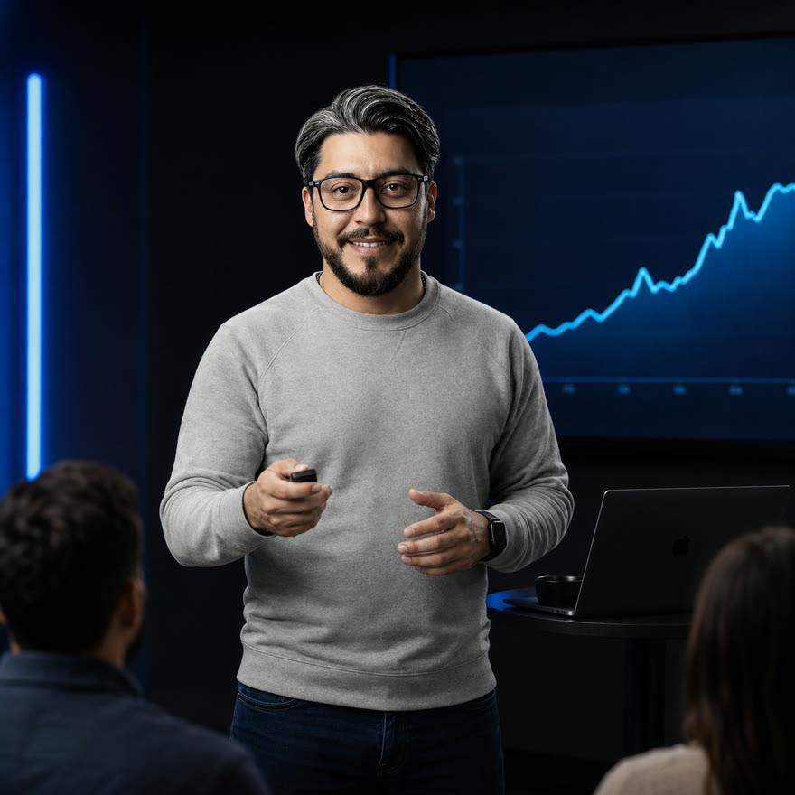 Geno Bernal presentando frente a un grupo, con una gráfica de crecimiento en la pantalla.