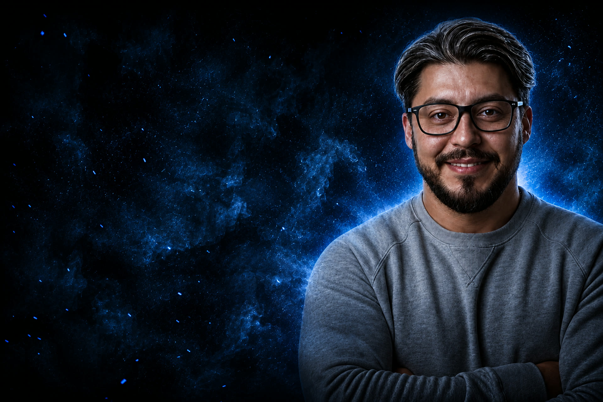 Geno Bernal de brazos cruzados, recortado sobre una nebulosa azul.