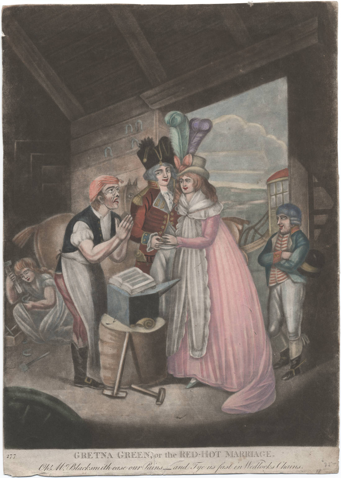 Colour illustration of a Gretna Green marriage inside a blacksmith’s workshop. A blacksmith stands beside an anvil acting as officiant while a well-dressed couple—man in a tall hat and woman in a red dress and bonnet—join hands to be married. Tools lie on the floor, and another figure works in the background. The scene reflects the informal, hurried nature of Scottish border marriages. Colour illustration of a Gretna Green marriage inside a blacksmith’s workshop. A blacksmith stands beside an anvil acting as officiant while a well-dressed couple—man in a tall hat and woman in a red dress and bonnet—join hands to be married. Tools lie on the floor, and another figure works in the background. The scene reflects the informal, hurried nature of Scottish border marriages.