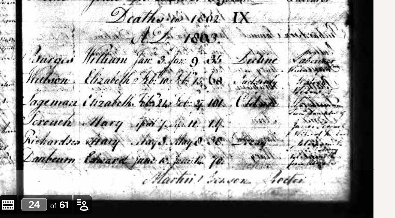 Handwritten parish burial register entry dated February 1802 recording the burial of Elizabeth Sageman, noted as a widow aged 101, written in cursive ink on a worn and slightly damaged page alongside other burial entries.