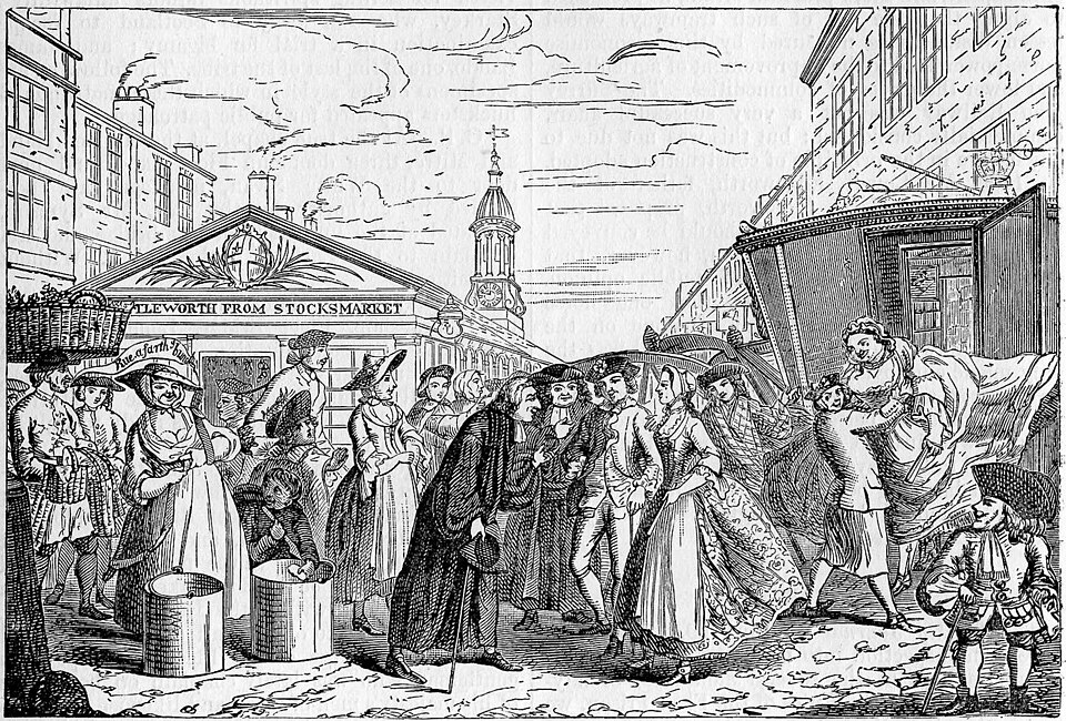 Black-and-white Victorian engraving depicting chaotic “Fleet Marriages” outside Littleworth from Stocks Market in London. A small chapel stands in the background while a clergyman hastily conducts marriages in the street. A crowded mix of figures—elegantly dressed women, soldiers, and onlookers—surround the scene. One woman appears to be pushed or coerced toward the ceremony, while others watch, laugh, or argue. The image satirises the disorder and moral concerns associated with clandestine Fleet marriages. Black-and-white Victorian engraving depicting chaotic “Fleet Marriages” outside Littleworth from Stocks Market in London. A small chapel stands in the background while a clergyman hastily conducts marriages in the street. A crowded mix of figures—elegantly dressed women, soldiers, and onlookers—surround the scene. One woman appears to be pushed or coerced toward the ceremony, while others watch, laugh, or argue. The image satirises the disorder and moral concerns associated with clandestine Fleet marriages.