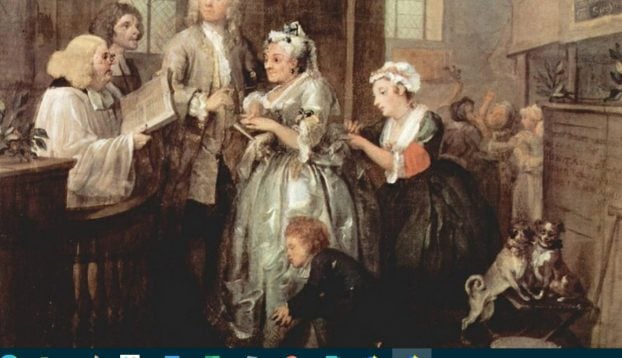Painting of an 18th-century wedding scene from William Hogarth’s A Rake’s Progress. A young couple stands before a clergyman inside a church, with the bride appearing older and richly dressed while the groom looks reluctant. Attendants gather around, including a maid adjusting the bride’s clothing and a child nearby. Small dogs and background figures add detail, highlighting the satirical tone of the mismatched marriage. Painting of an 18th-century wedding scene from William Hogarth’s A Rake’s Progress. A young couple stands before a clergyman inside a church, with the bride appearing older and richly dressed while the groom looks reluctant. Attendants gather around, including a maid adjusting the bride’s clothing and a child nearby. Small dogs and background figures add detail, highlighting the satirical tone of the mismatched marriage.