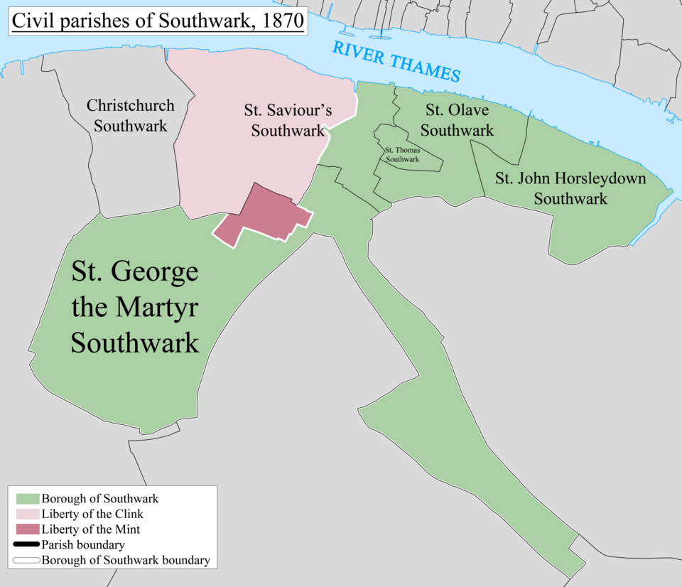 A map showing the civil parishes of Southwark as they appeared in 1870. Based on the Ordnance Survey Town Plan of London (1871-76) at 1:1056 scale. A map showing the civil parishes of Southwark as they appeared in 1870. Based on the Ordnance Survey Town Plan of London (1871-76) at 1:1056 scale.