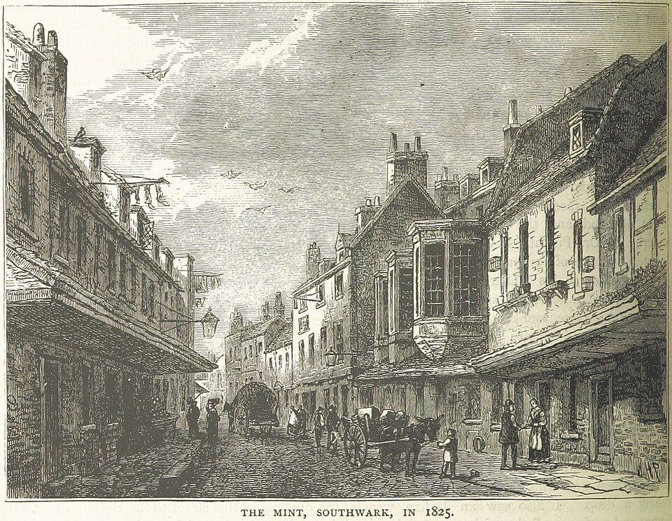 A detailed black-and-white illustration of a narrow street in The Mint, Southwark, in 1825. Rows of closely packed buildings line both sides, with uneven roofs, chimneys, and overhanging upper storeys. On the street, several figures walk or stand in small groups, while a horse-drawn cart and carriage occupy the centre. A child stands near the cart, and a few people gather in doorways or along the pavement. Birds are shown flying overhead, and the overall scene conveys a busy but slightly worn urban environment from the early 19th century.