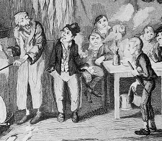 A detailed black-and-white illustration showing a group of people gathered in an interior setting, likely a modest room. On the left, an older man with a beard and headscarf gestures animatedly, appearing to speak or demonstrate something. Beside him, a young boy in worn clothing and a hat stands with hands partly in his pockets, looking up attentively. At a table to the right, several children sit and lean forward, watching with interest. One child holds a long pipe or tool, while another appears to be handling an object that produces a small cloud of smoke. The scene feels lively and slightly chaotic, with expressive faces and close interaction suggesting instruction, mischief, or shared activity in a cramped environment. A detailed black-and-white illustration showing a group of people gathered in an interior setting, likely a modest room. On the left, an older man with a beard and headscarf gestures animatedly, appearing to speak or demonstrate something. Beside him, a young boy in worn clothing and a hat stands with hands partly in his pockets, looking up attentively. At a table to the right, several children sit and lean forward, watching with interest. One child holds a long pipe or tool, while another appears to be handling an object that produces a small cloud of smoke. The scene feels lively and slightly chaotic, with expressive faces and close interaction suggesting instruction, mischief, or shared activity in a cramped environment.
