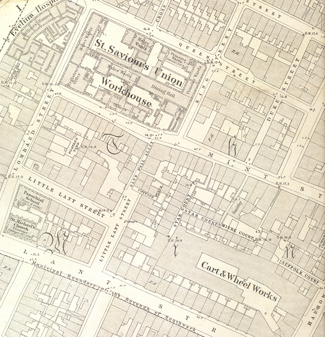 A detailed historic map of part of Southwark, London, showing streets, buildings, and property boundaries. At the centre is the clearly labelled “St. Saviour’s Union Workhouse,” with individual sections such as wards, dining hall, and yards marked within the complex. Surrounding streets include Queen Street, Mint Street, and Little Lane Street, with tightly packed housing plots and courtyards illustrated in fine line detail.  Nearby features include the “Cart & Wheel Works” and smaller courts and alleys, reflecting a dense urban layout. The map uses a light background with dark linework and labels, typical of 19th-century cartography.
