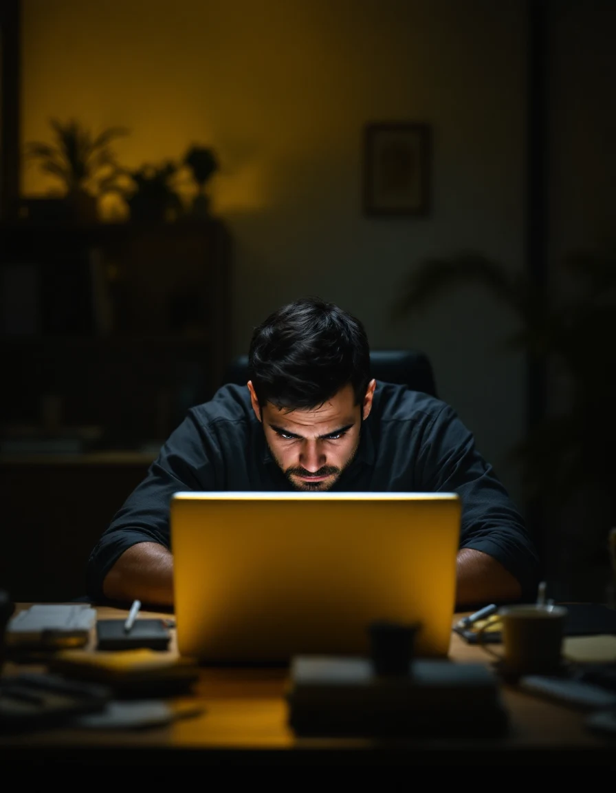 Přetížený projektový manažer u notebooku pozdě večer