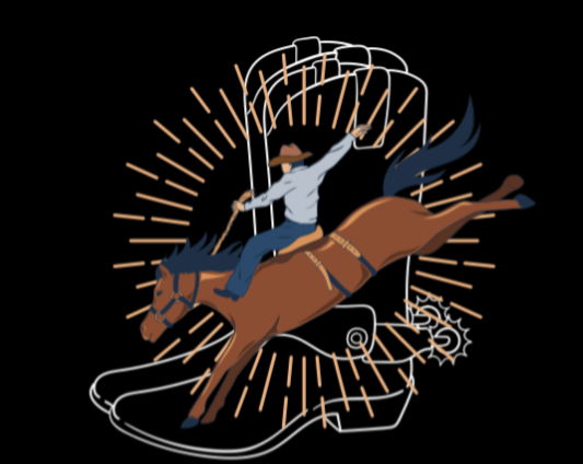 A bronc rider over a cowboy boot