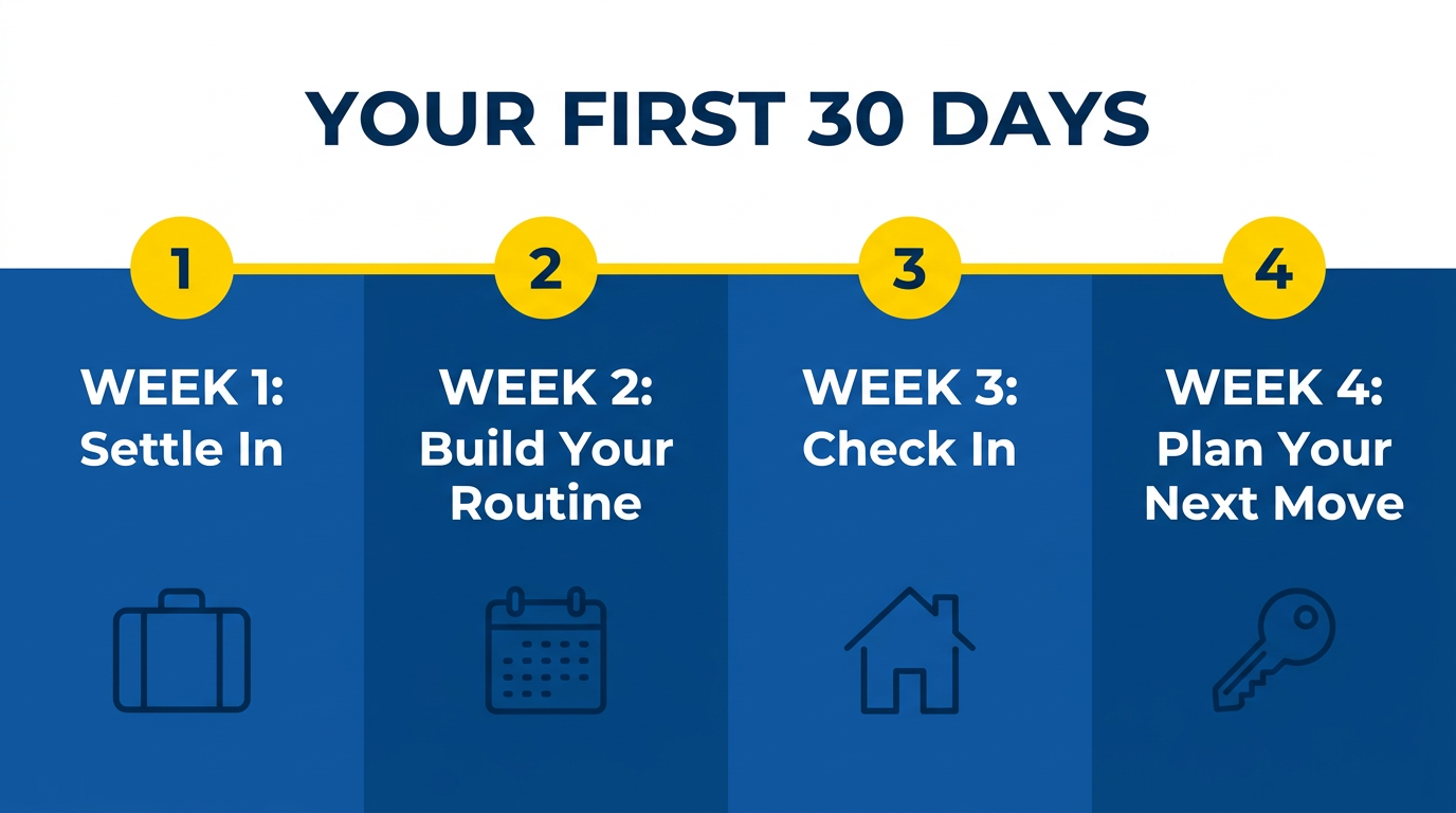 Timeline graphic of the first 30 days: week one settle in, week two build your routine, week three check in, week four plan your next move Timeline graphic of the first 30 days: week one settle in, week two build your routine, week three check in, week four plan your next move