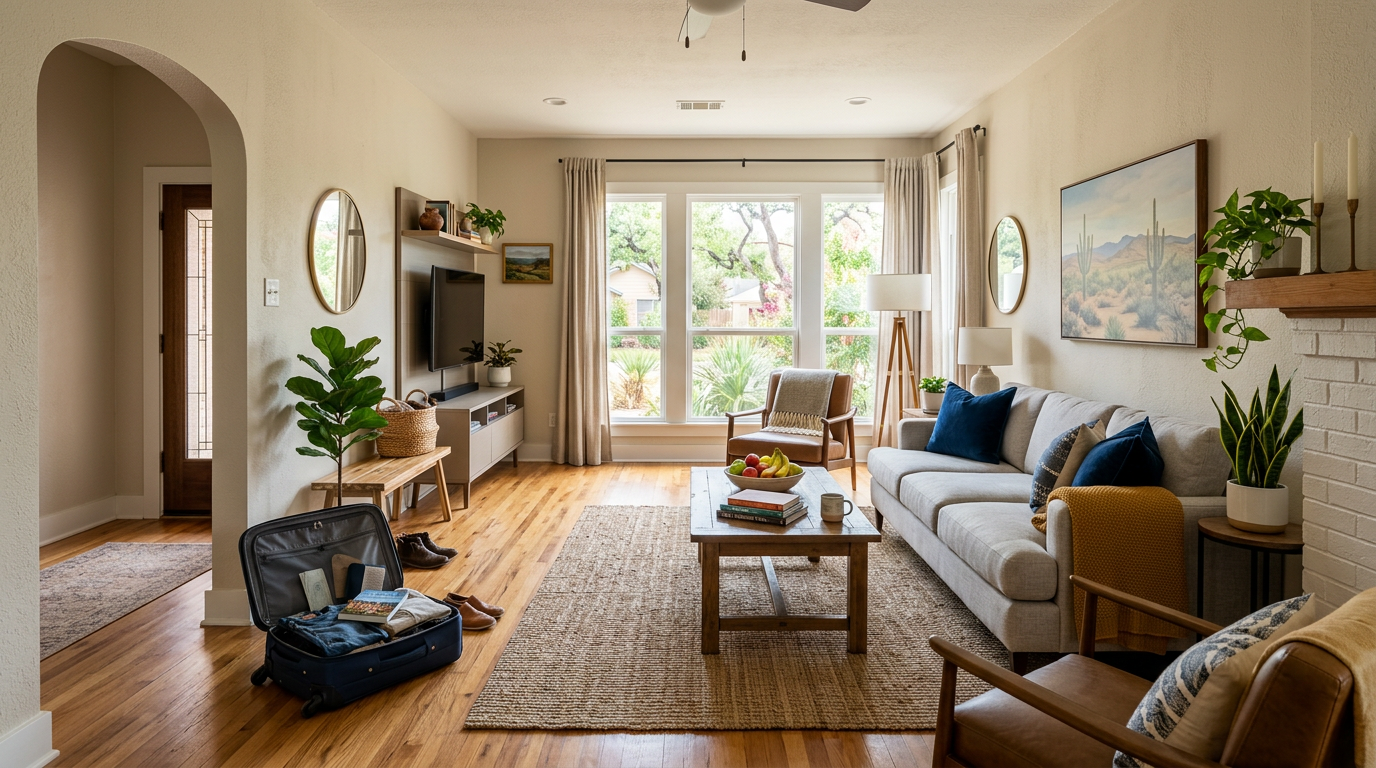 A bright furnished living room with a gray sofa, blue pillows, a yellow blanket and an open suitcase by the door A bright furnished living room with a gray sofa, blue pillows, a yellow blanket and an open suitcase by the door