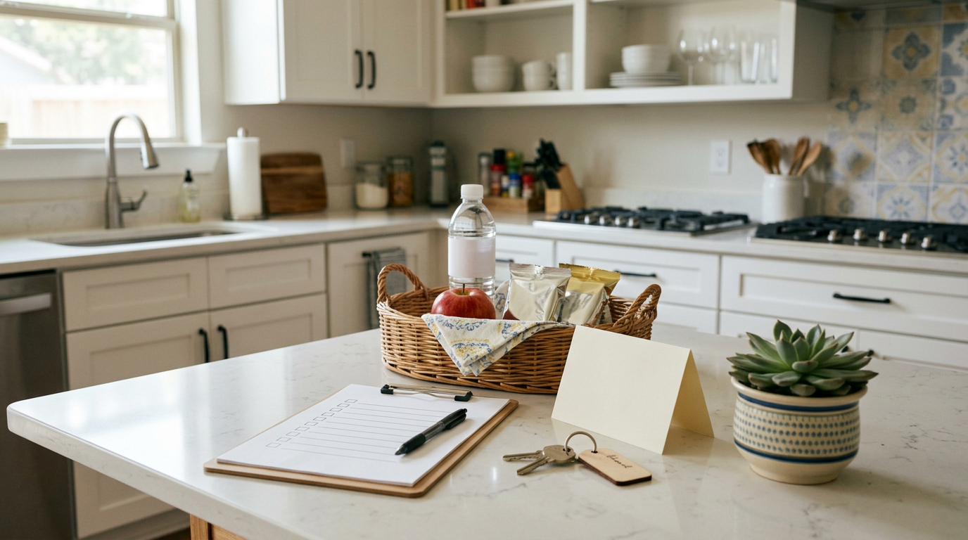 Kitchen counter on move-in day with house keys, a welcome basket of snacks and water, and a checklist on a clipboard Kitchen counter on move-in day with house keys, a welcome basket of snacks and water, and a checklist on a clipboard