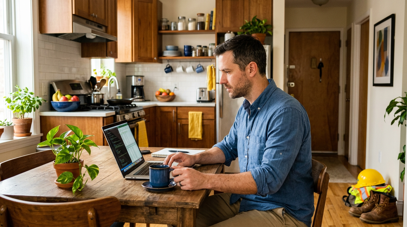 A working professional at a kitchen table with a laptop and coffee, work boots and a hard hat by the front door A working professional at a kitchen table with a laptop and coffee, work boots and a hard hat by the front door