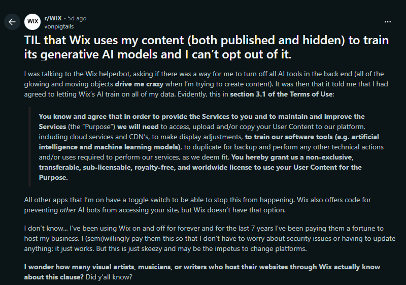 Screenshot of a reddit post from r/wix on how wix is using user's content to train its AI Screenshot of a reddit post from r/wix on how wix is using user's content to train its AI