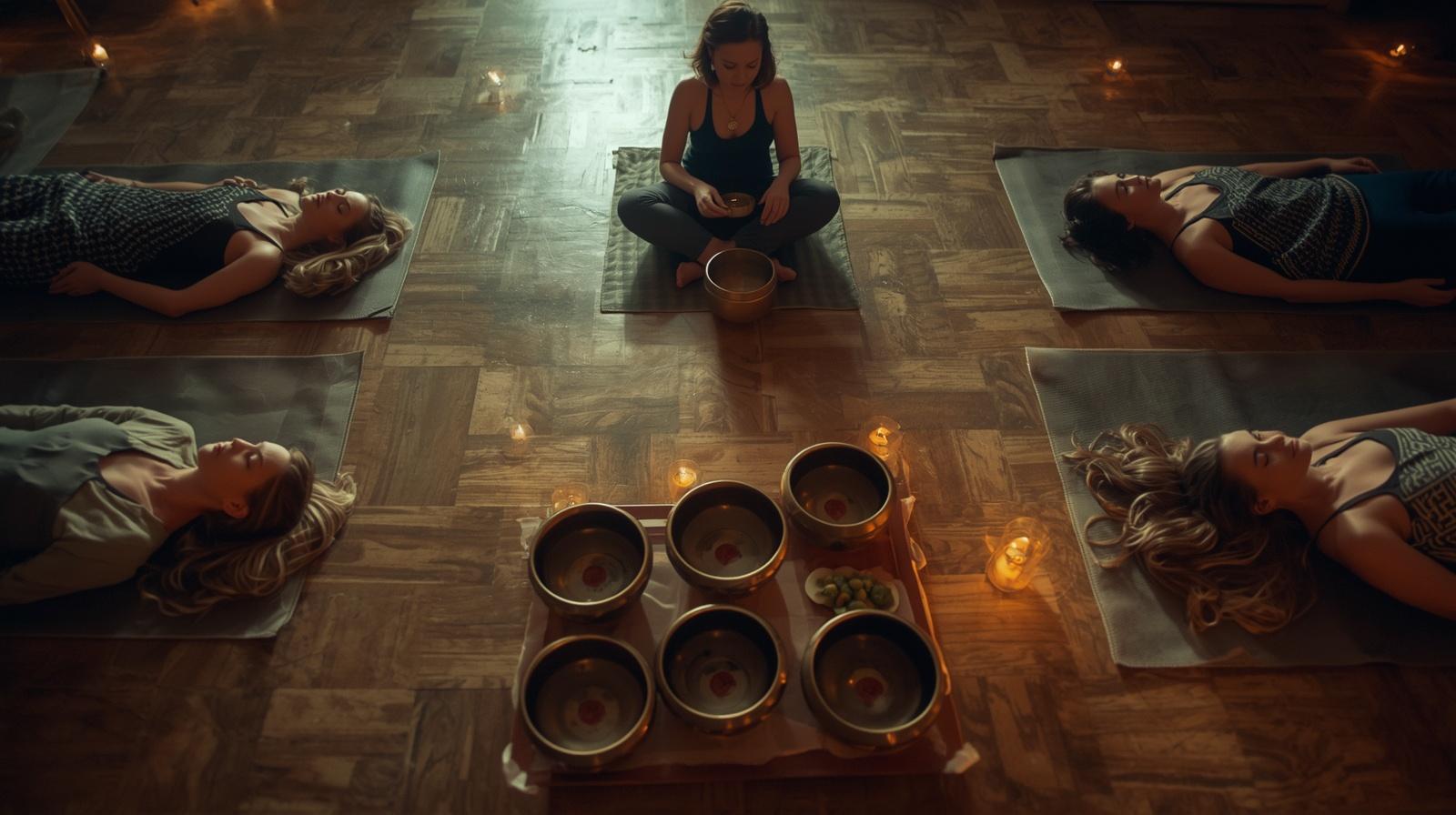 Tibetan singing bowls with candles in a warm healing space
