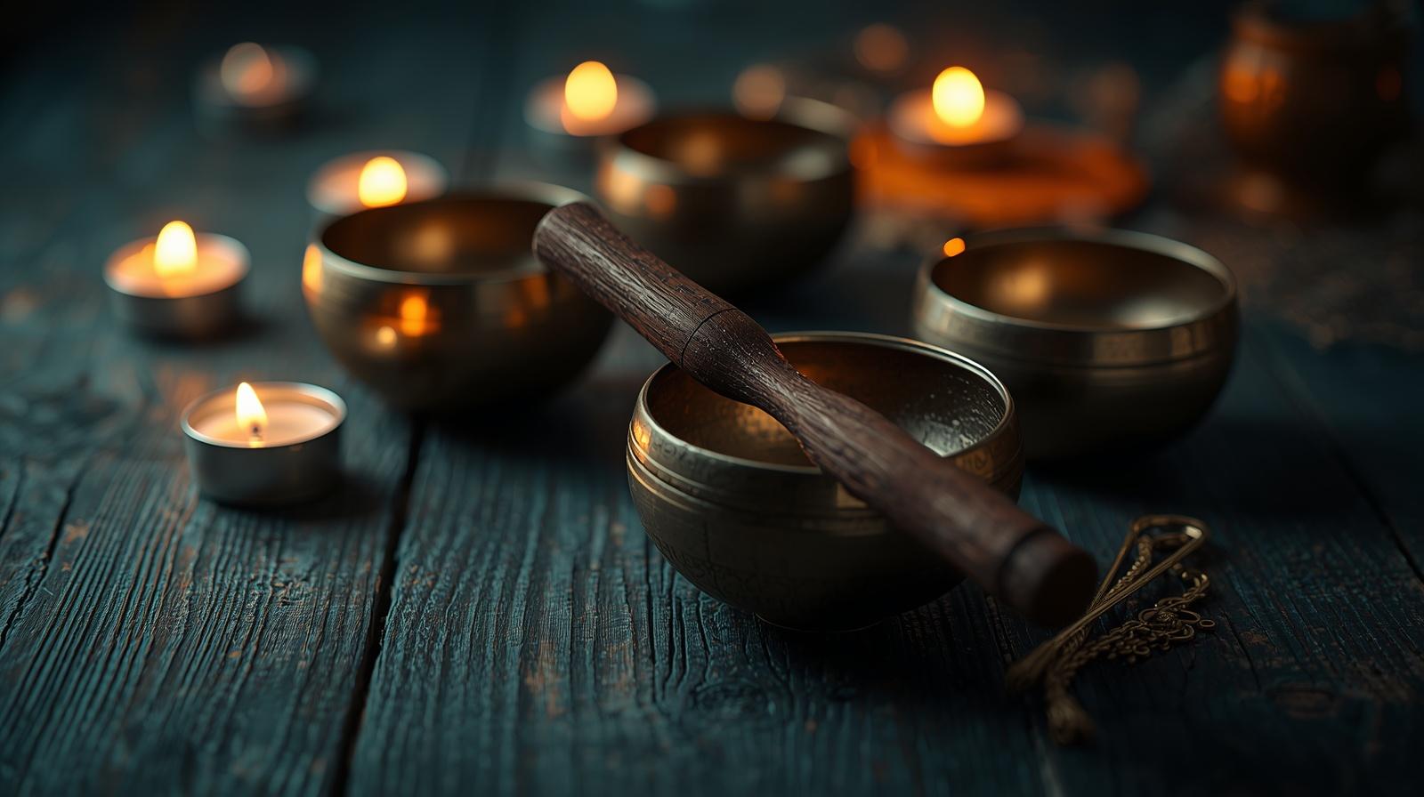 Tibetan singing bowls being played in a healing ceremony