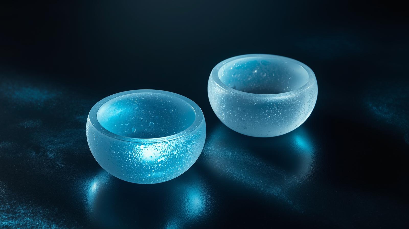 Crystal quartz singing bowls glowing with light