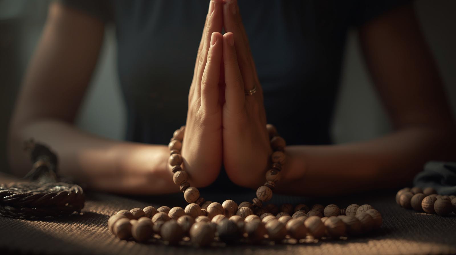 Hands in prayer mudra with mala beads during mantra meditation