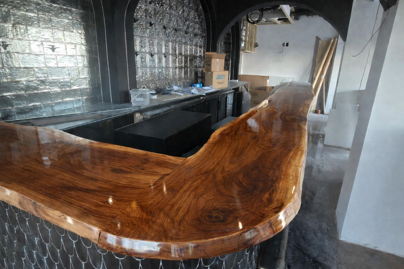 Live edge slab preparation for a custom bar top