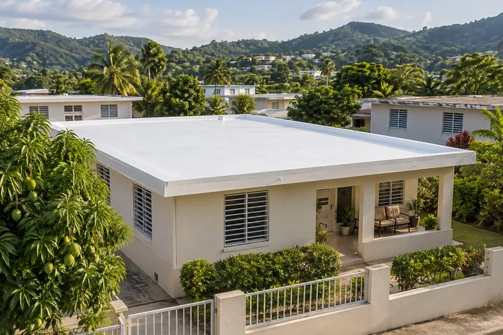 Imagen conceptual: Casa de hormigón con techo plano blanco en un entorno residencial de Puerto Rico.