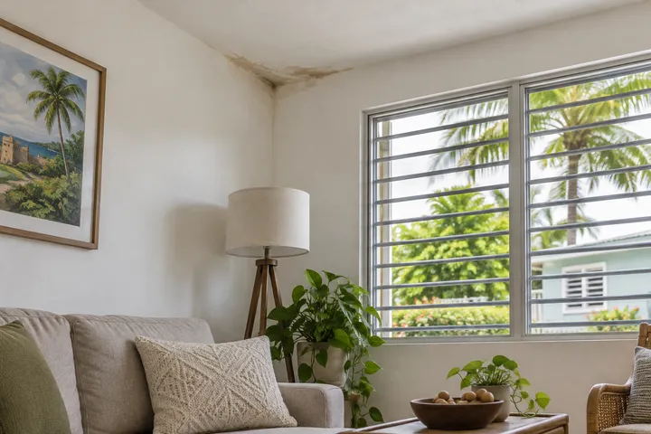 Imagen conceptual: Mancha de humedad en el techo interior de una vivienda tropical.