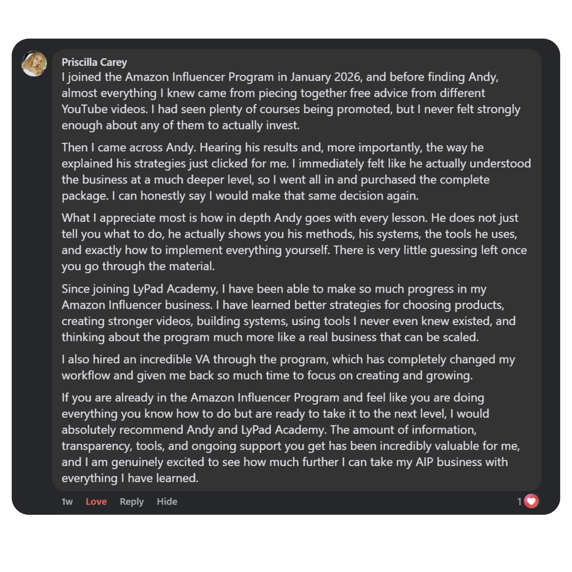 Client testimonial screenshot