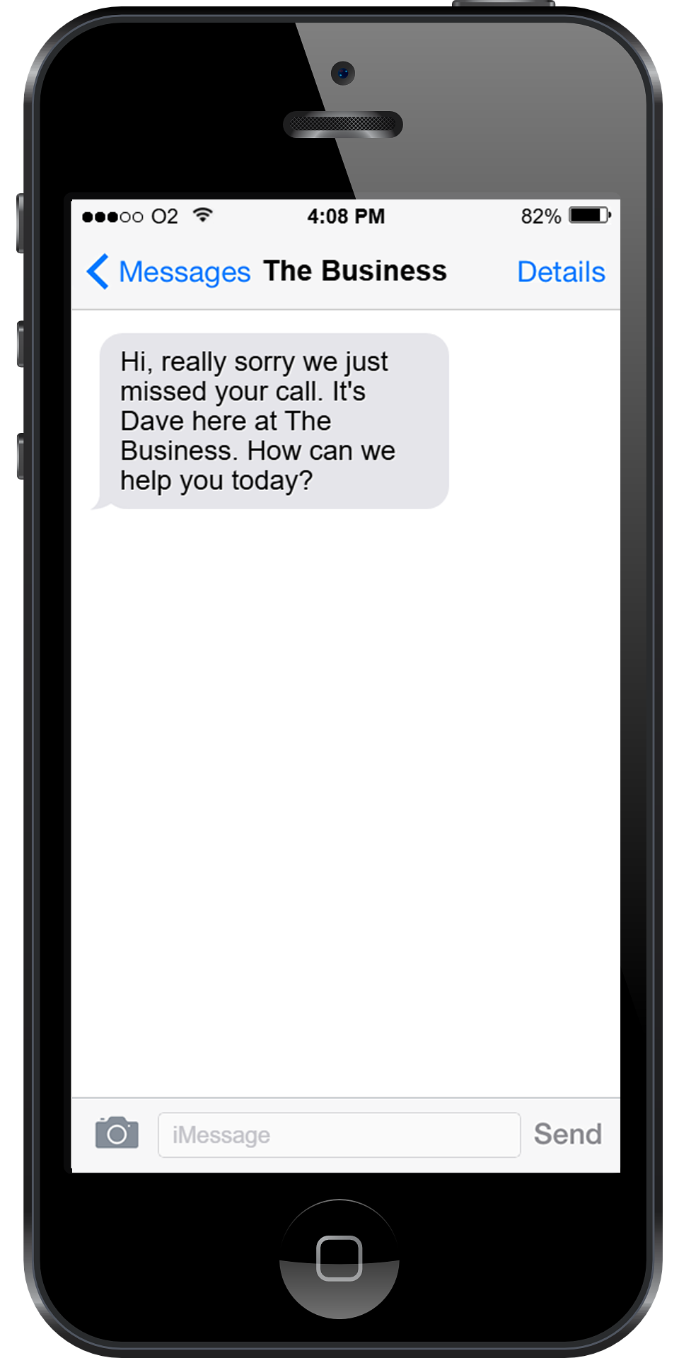 iPhone displaying a text message that says "Hi it's Dave at The Business. Sorry we missed your call. How can we help you today?"