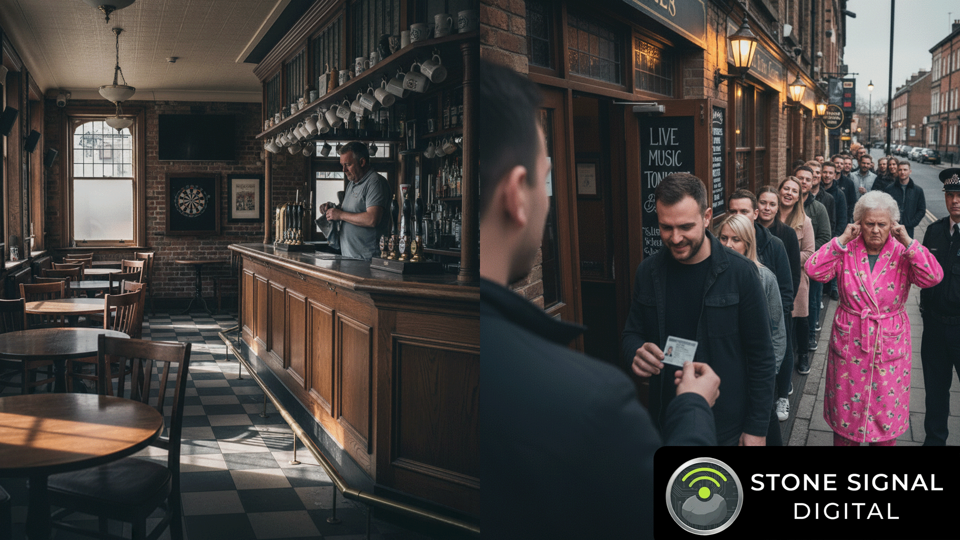 Animated gif. Frame 1 is a 2-panel image. On the left is an empty pub. On the right is a queue outside the pub with a doorman checking IDs. An old lady in a pink dressing gown can be seen sticking her fingers in her ears. In frame 2 the people are in the pub, there's no one outside and the old lady is giving two thumbs up.