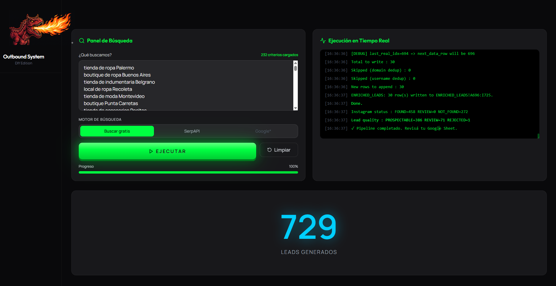 Outbound System DIY corriendo en Windows