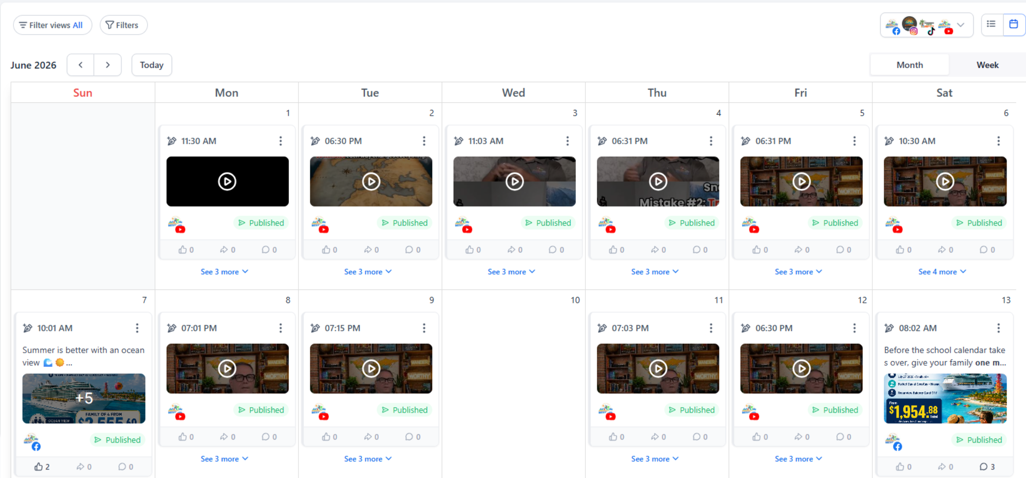 Social media planner calendar with scheduled and published travel posts
