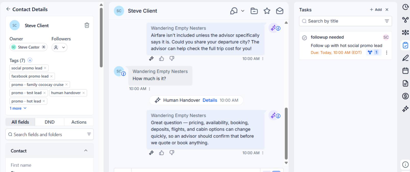 Contact record with conversation history, lead tags, and follow-up task