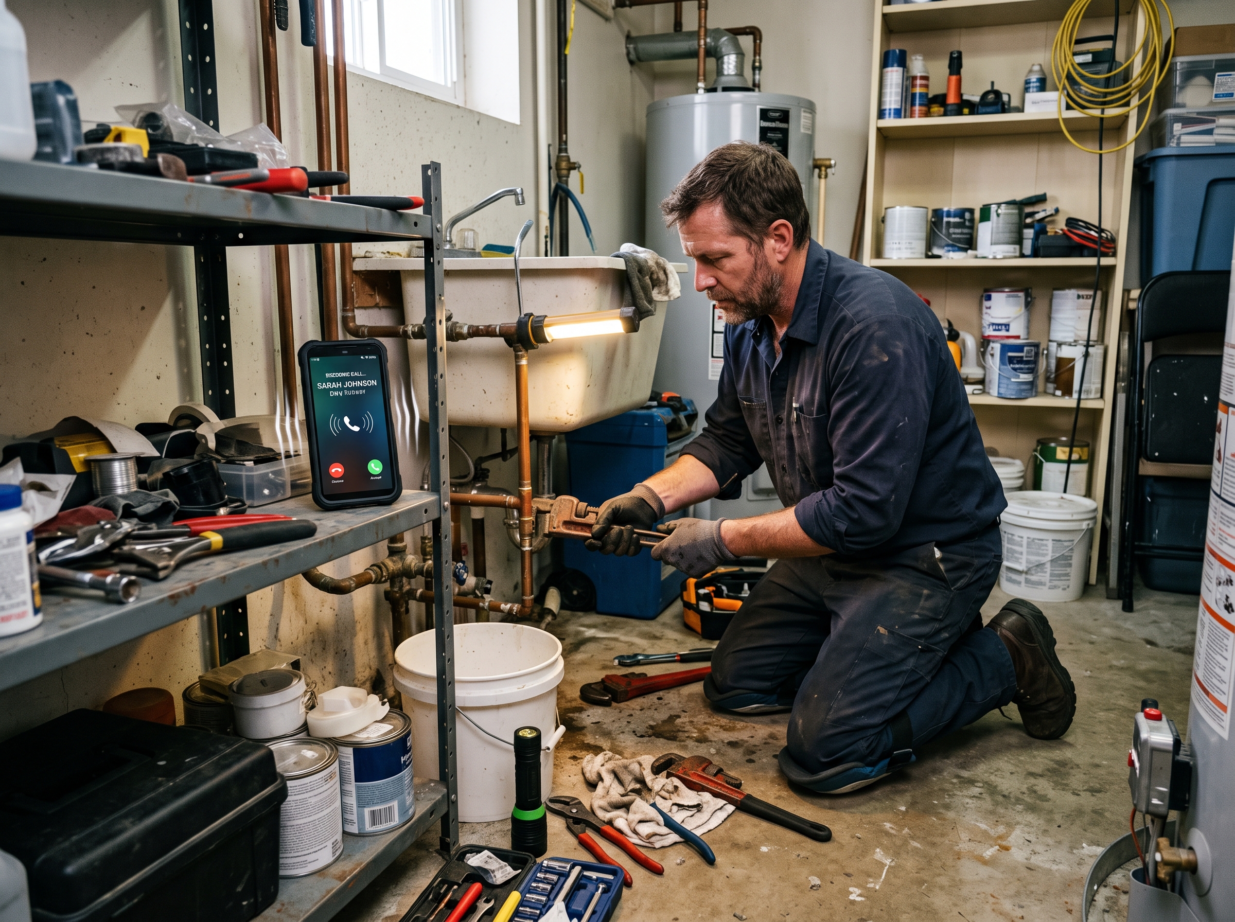 Home-service professional working while a customer call comes in