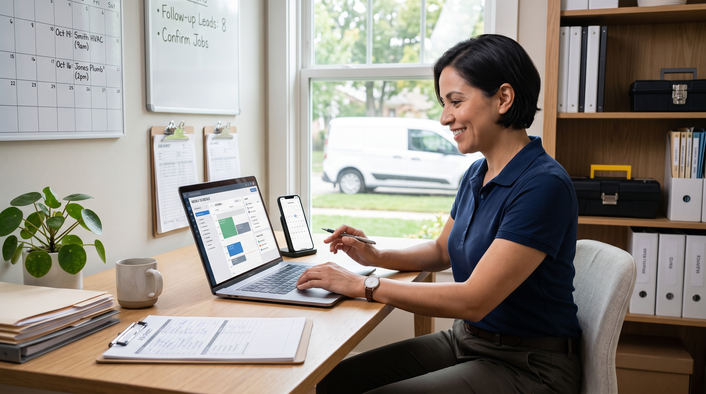 Organized home-service business owner managing schedule and customer follow-up