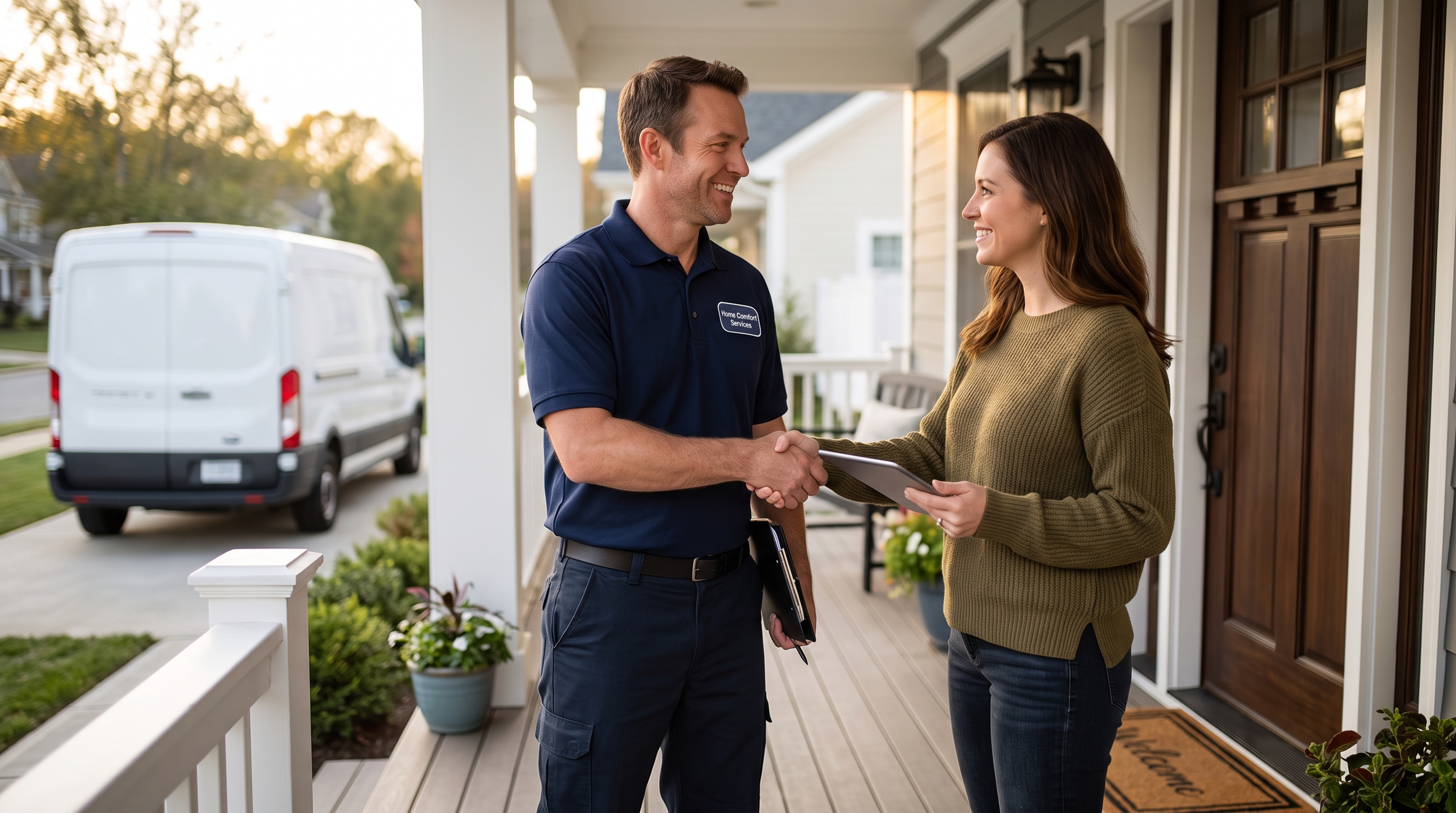 Home-service professional and satisfied homeowner after a successful service visit