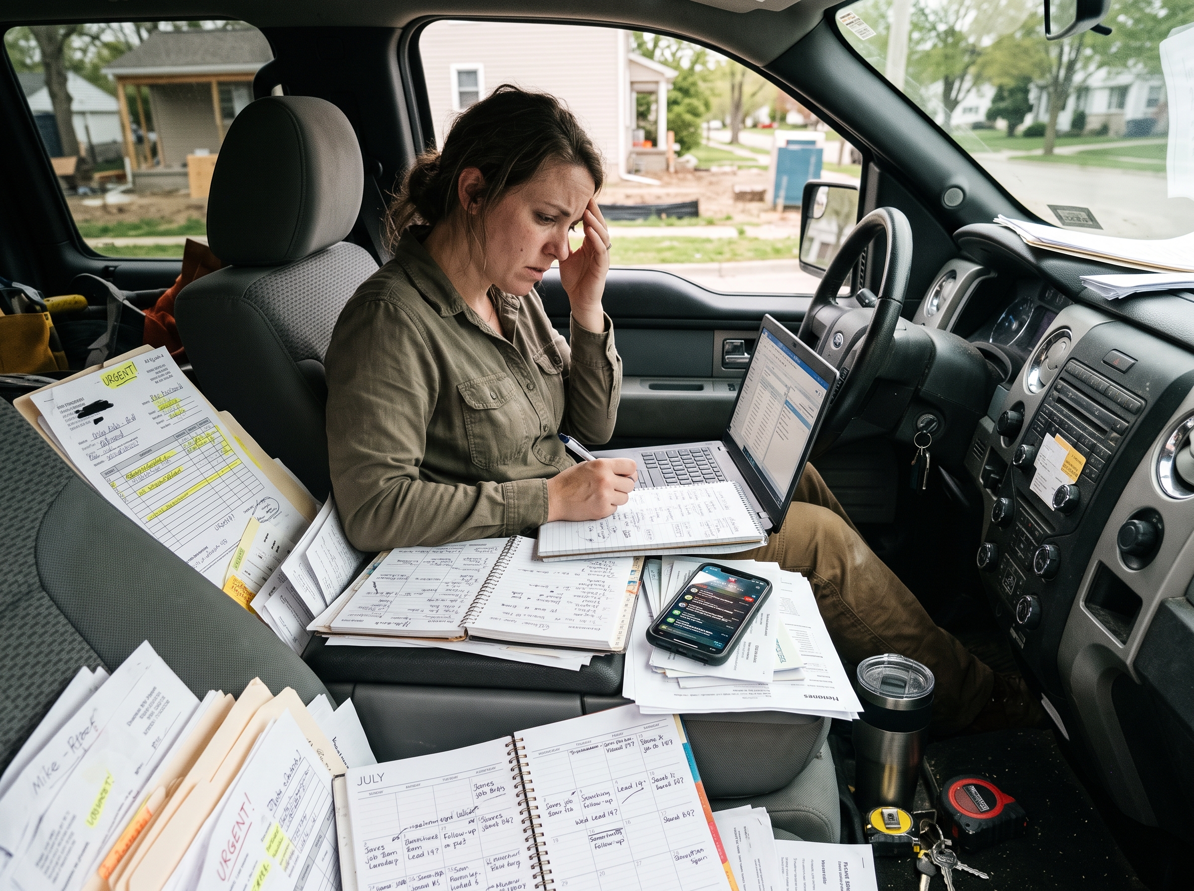Home-service business owner overwhelmed with estimates, notes, calls, and follow-up