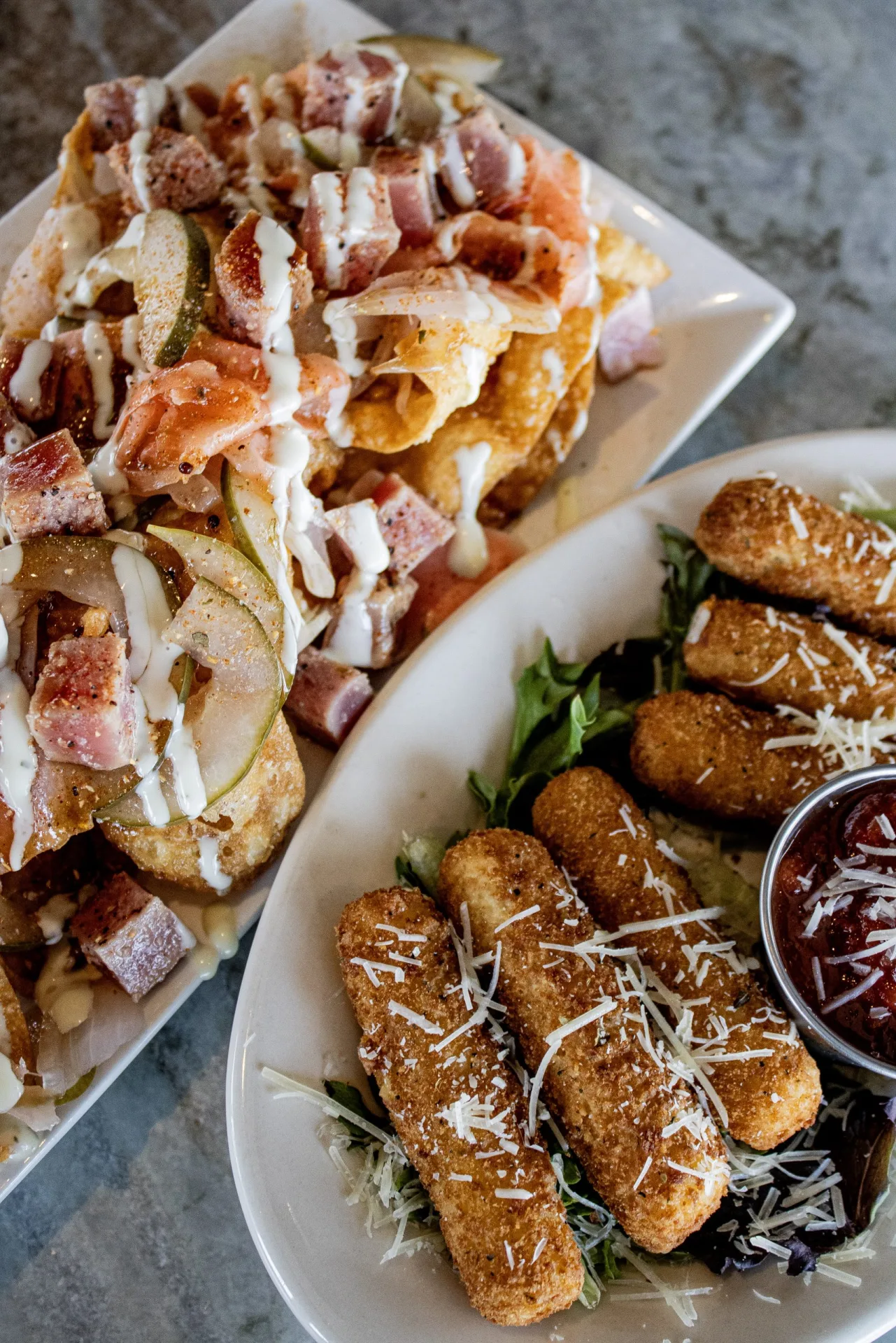 Tuna nachos and cheese sticks