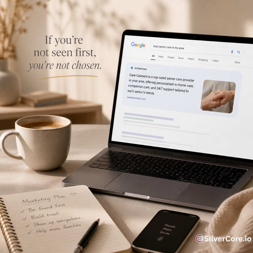 Laptop showing a local search result next to a marketing plan notebook