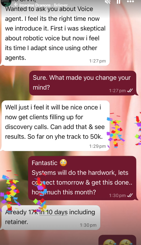 Client message: already 17K in 10 days including retainer, on track to 50K