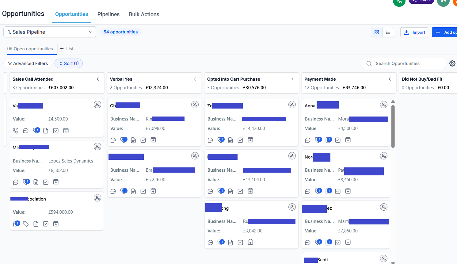 CRM sales pipeline showing £83,746 in payments made