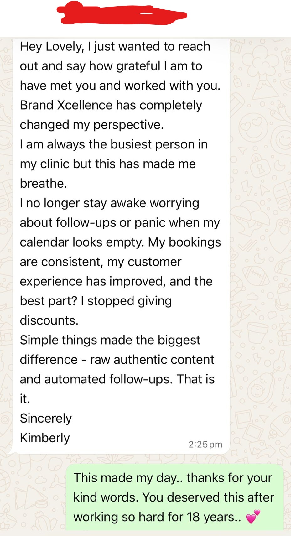 WhatsApp message from Kimberly thanking Brand Xcellence