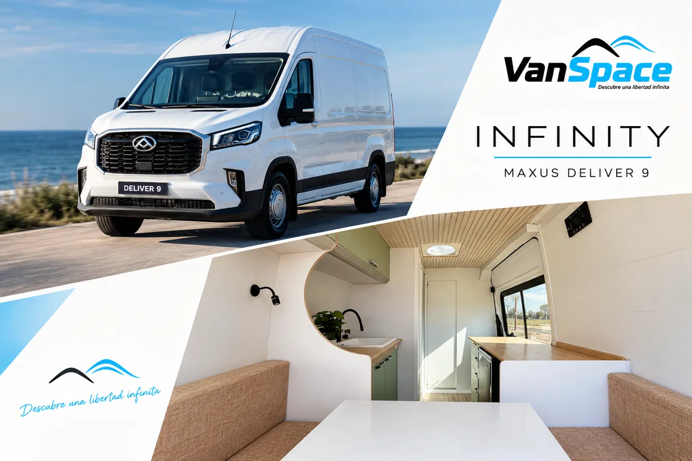VanSpace Infinity sobre Maxus Deliver 9: exterior del furgón y vista del interior con comedor