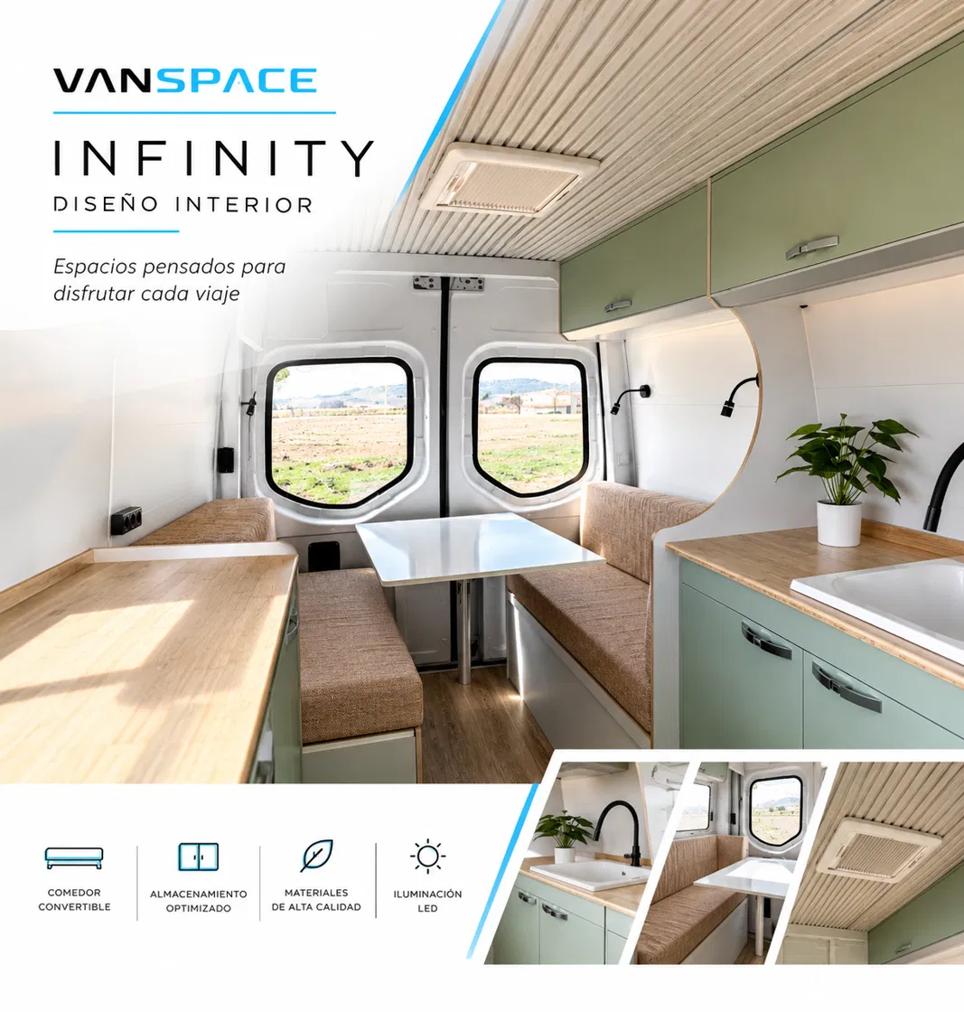 Diseño interior de la VanSpace Infinity: comedor convertible, cocina con encimera de madera, techo de lamas e iluminación LED