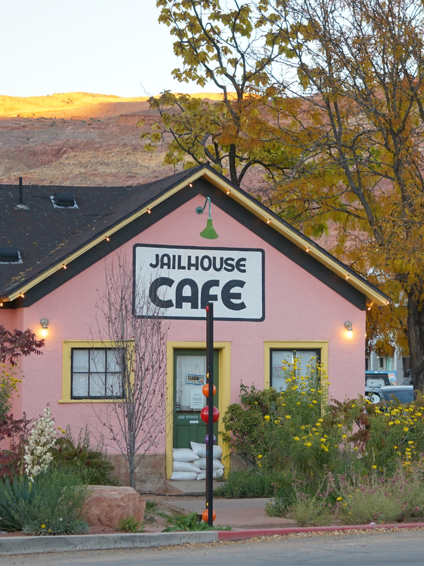 Jailhouse Cafe — the salmon pink historic courthouse building in Moab, Utah