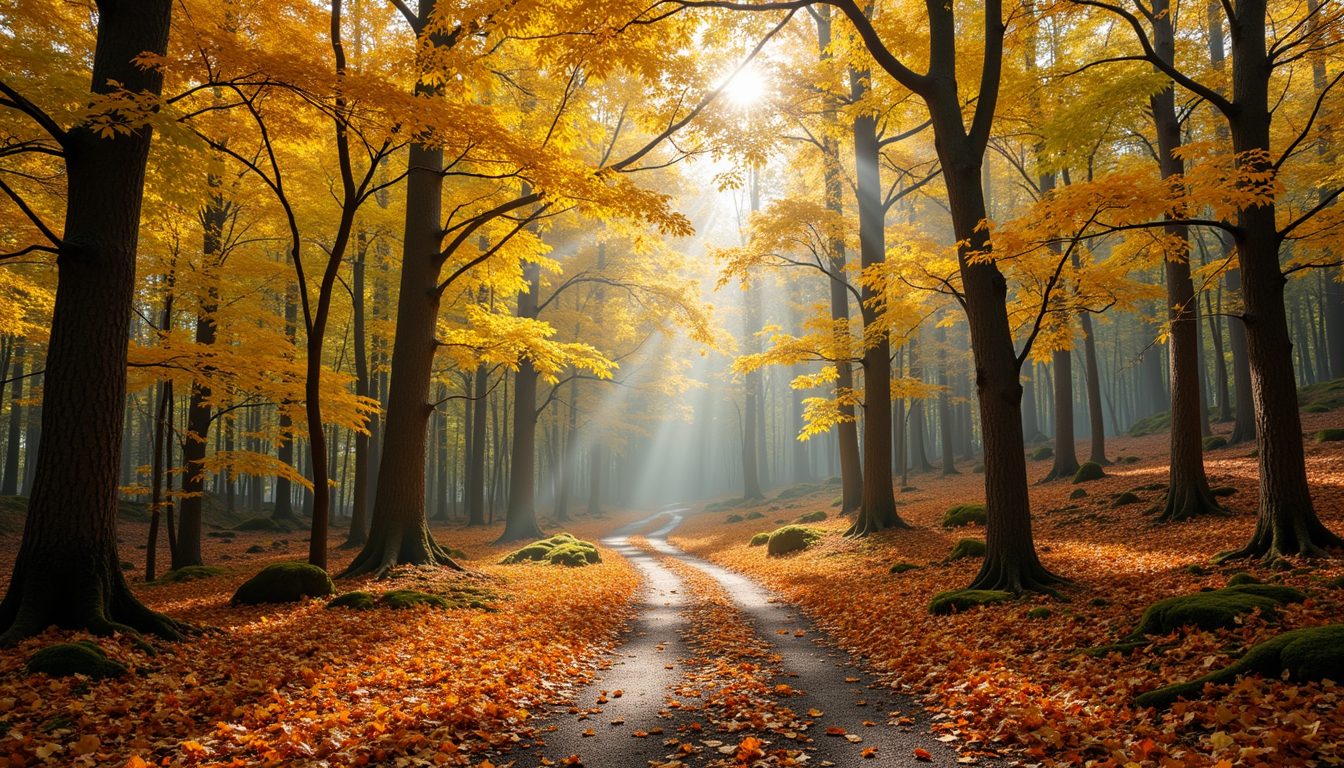 A winding path through a golden autumn forest, sunlight streaming through the canopy