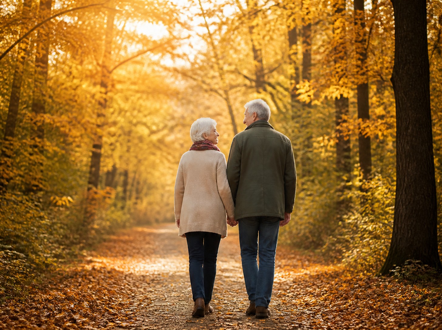 An older couple walking hand in hand down a sunlit autumn path