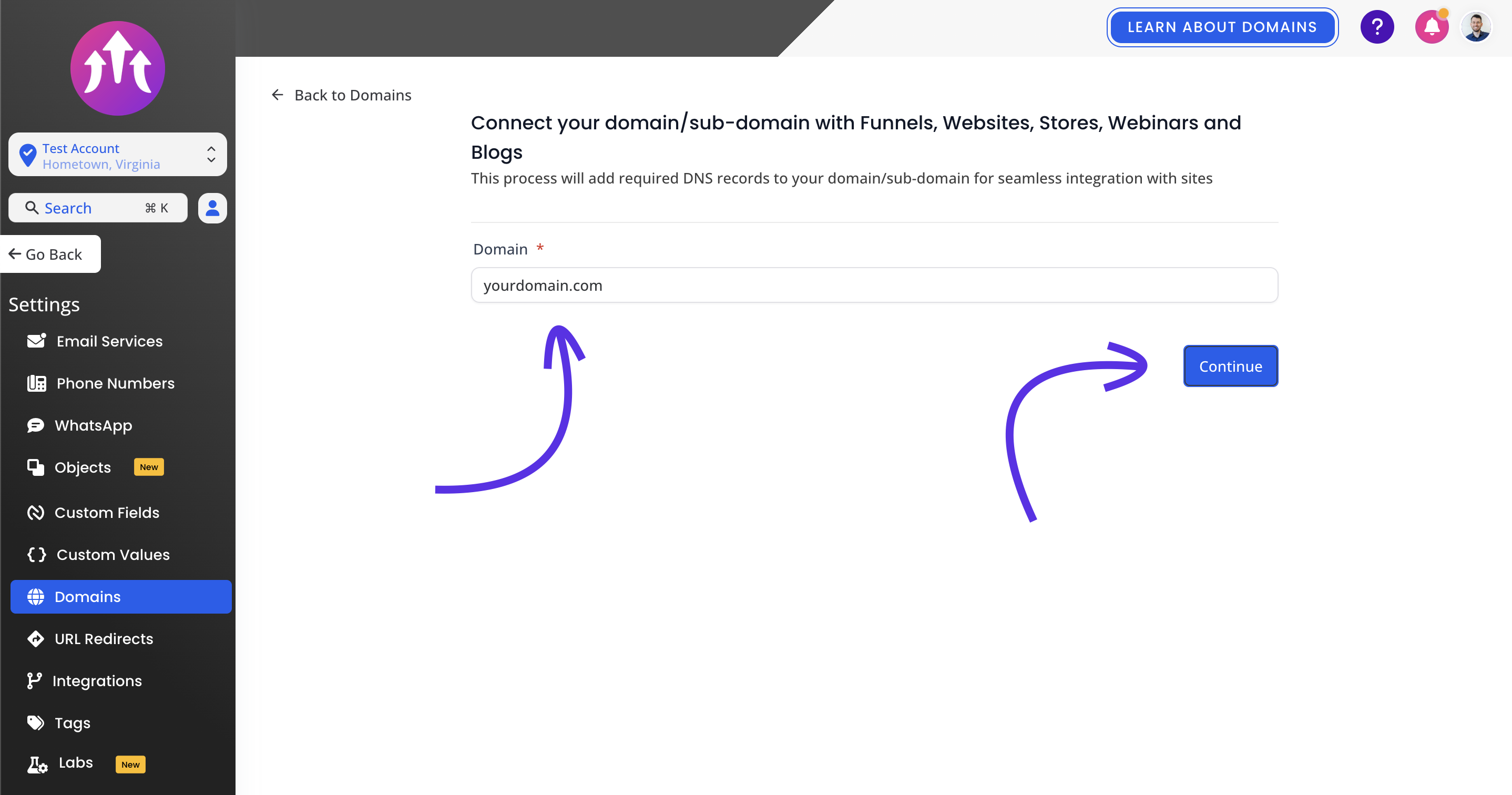 full scope freelancer connect a domain add domain onboarding