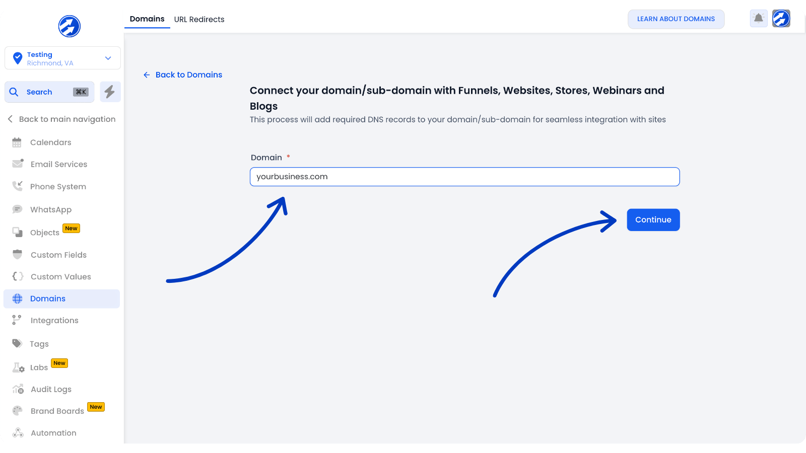 full scope connect a domain add domain onboarding